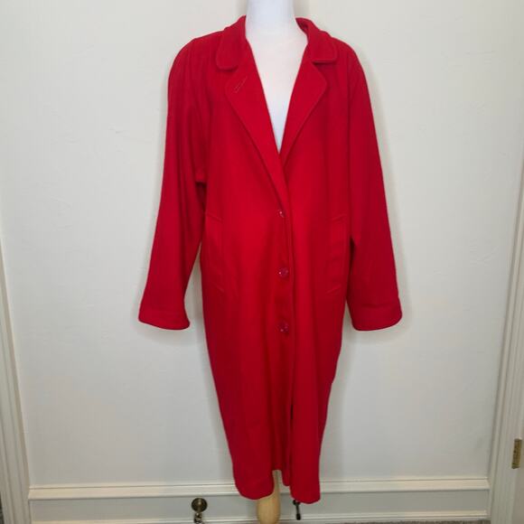 Vintage Red Long Wool Coat Raglan Sleeve 70s 80s Large - Picture 1 of 11